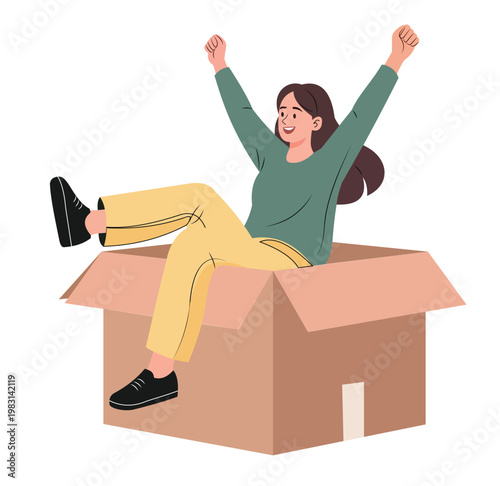 Happy woman sitting in a large cardboard box, vector illustration