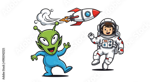 Cartoon alien and astronaut playing together with a rocket ship in outer space adventure exploration and fun discovery