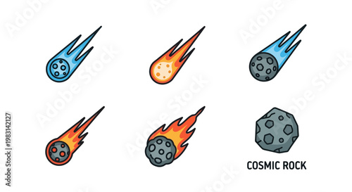 Set of six cartoon-style, stylized meteors and a cosmic rock element showing different colors and visual effects, ideal for space-themed graphic design projects and celestial concepts.