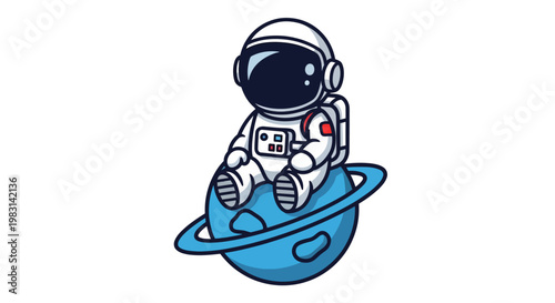 Cute Astronaut Character Sitting On Planet With Ring Space Exploration Adventure Outer Space Cosmic Journey Fun Outerworld Travel Discovery Fun
