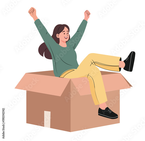 Happy woman sitting in a cardboard box, celebrating moving into a new home, vector illustration