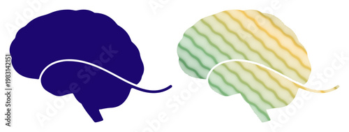 Two stylized brains side-by-side, one solid blue and the other colorful with wavy lines, representing different states of mind or ideas.