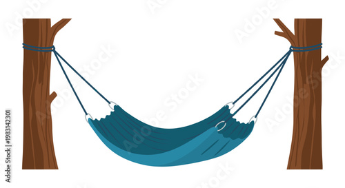 Blue hammock tied between two brown trees, a symbol of outdoor relaxation and summer vacation. Flat vector illustration for poster, banner