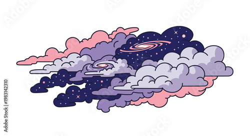 A surreal and whimsical stylized vector of a cosmic cloud formation with swirls of galaxies and stars, rendered in a cute, flat design with a pastel color palette, great for dreamy, fantasy,