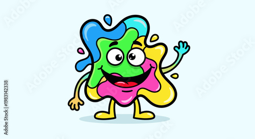 Cartoon colorful paint splash character waving hand. Cute smiling blot mascot. Creative art or drawing concept. Vector illustration