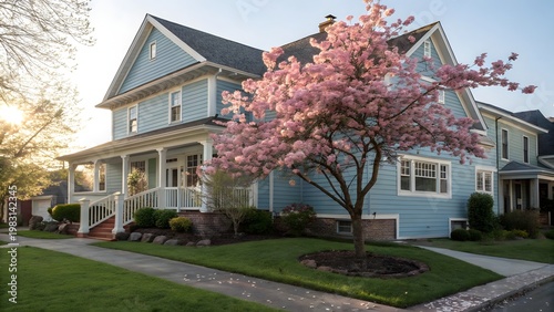 Charming modern blue house surrounded by vibrant pink flowering tree in a serene and picturesque front yard setting