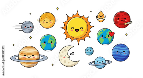 Cute Solar System Planets Characters With Happy Faces And Stars For Kids Education And Outer Space Discovery Fun