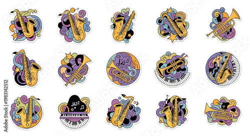 Doodle style jazz music instrument icon set with trumpet, saxophone, and piano elements. Vector illustration for festival banner, poster, web