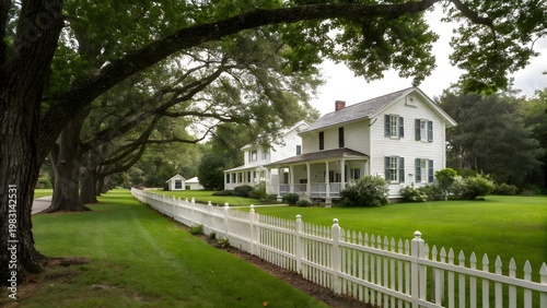 Beautiful modern white house surrounded by lush green lawn and tall trees in a peaceful suburban landscape