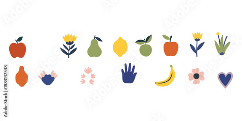 Collection of colorful flat icons featuring various fruits, flowers, a hand, and a heart