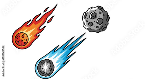 Celestial Objects Approaching Earth One Fiery Asteroid One Icy Comet With Detailed Texture Representation