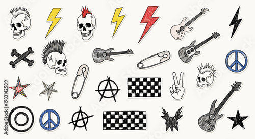 Doodle set of various punk and rock and roll symbols. Rebellion music style. Vector illustration for sticker, emblem, decoration