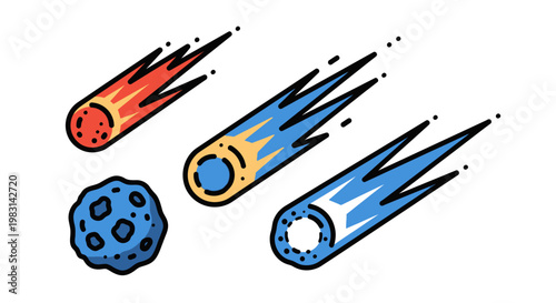 Cartoon-style depiction of celestial bodies hurtling through space, showcasing fiery comets with trails against a white background; a cosmic, animated design.