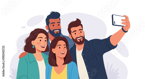Happy young man holding smartphone and taking selfie with his three smiling friends. Group shot concept. Vector illustration for social media post