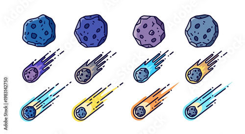 A collection of stylized, vibrant cartoon asteroids and comets shown in linear art style, perfect for science, space exploration, astronomical themes, and educational designs on a white back