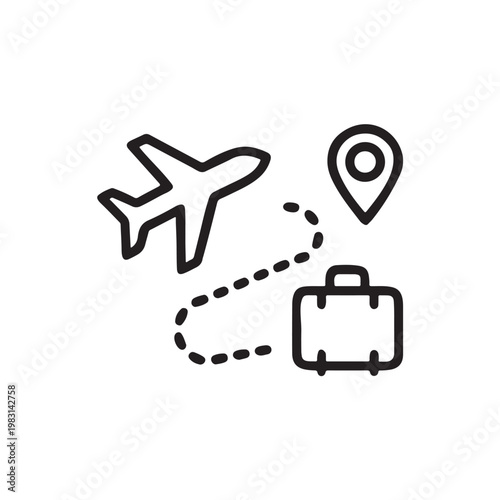Travel and tourism icons, airplane, hotel, map pin, luggage, black vector isolated on white