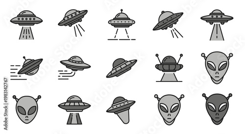 A detailed collection of vector-based depictions showcasing extraterrestrial spacecraft, flying saucers, and alien heads in a minimalist, iconographic style, perfect for sci-fi, space, and U