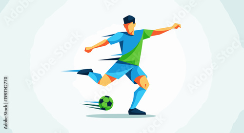 Male soccer player kicking ball. Football sport competition and activity concept. Vector illustration for banner, poster, and website design
