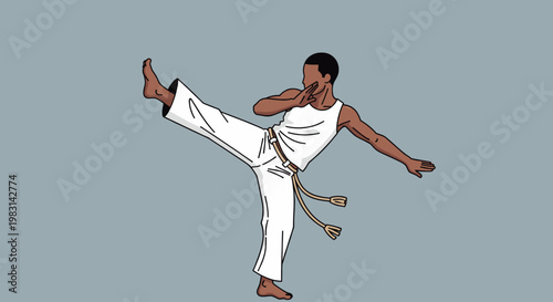 Man practicing capoeira martial art dance, kicking high with one leg in a dynamic pose. Flat vector illustration for sport, fitness design