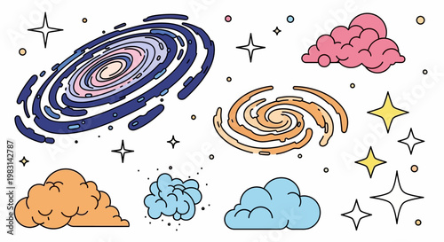 A vibrant and whimsical vector graphic illustration showcasing a collection of celestial elements, including swirling galaxies, fluffy clouds, and twinkling stars, all on a clean white backg