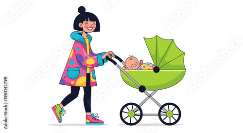 Modern woman pushing baby in green stroller. Motherhood and family concept. Happy mom with infant on walk. Vector illustration isolated