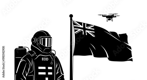 EOD operator, drone, and Union Jack flag silhouette