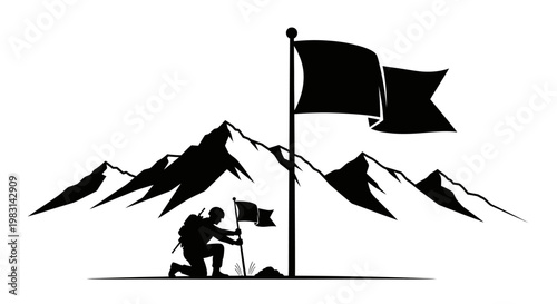 Climber Planting Flag on Mountain Peak, Symbolizing Achievement and Victory