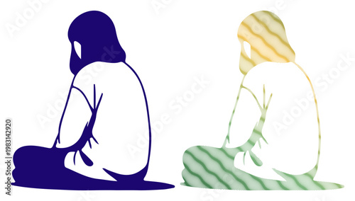 Two stylized figures in profile, one solid, one with a wavy texture, sitting in contemplation.