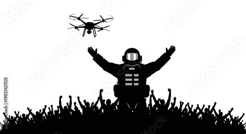 Futuristic Soldier with Drone and Crowd Silhouette