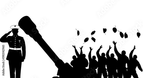 Marine Salutes as Crowd Throws Flowers, Military Ceremony Silhouette