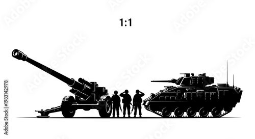 Military Artillery and Tank Comparison with Soldiers, 1:1 Scale Silhouette