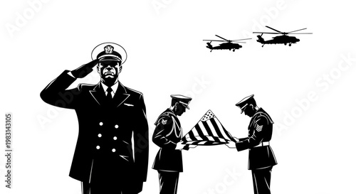 Military Honor Guard Salutes Flag Ceremony with Helicopters Flyover