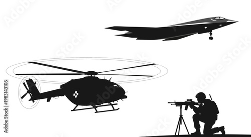 Military Helicopter, Stealth Jet, and Soldier with Machine Gun Silhouette