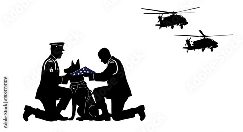 Military Honor Guard With Dog and Helicopters Silhouetted