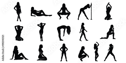 Seductive female silhouettes set, 15 black vector icons of women in erotic poses, sensual girl body shapes for adult entertainment and nightlife design