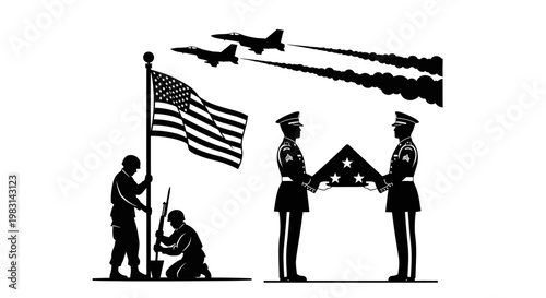 Military Honor Guard Folds Flag with Fighter Jets Flyover