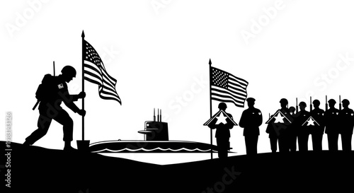 Military Honor Guard with Submarine and US Flags Silhouette