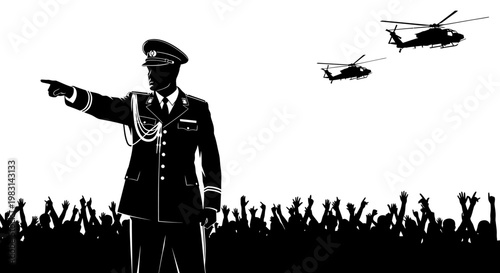 Military Leader Directs Helicopters Over Cheering Crowd, Symbolizing Power and Authority