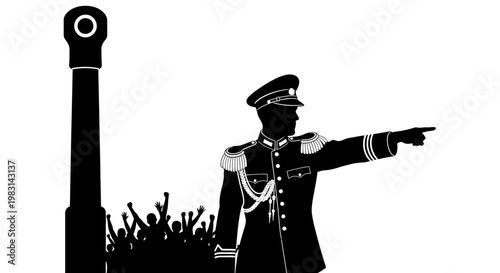 Military Leader Directing Troops with Crowd Support Silhouette