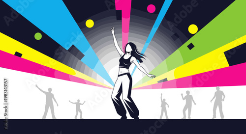 Woman dancing at a party with colorful beams and spotlights. Music event or club concept. Vector illustration for banner, poster, flyer