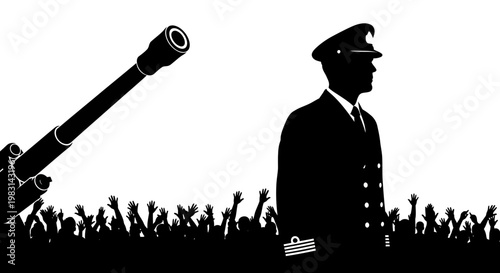 Military officer facing crowd with cannon barrel pointing towards them, symbolizing power and control