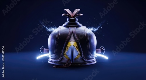 Mysterious ornate helmet glowing with magical energy on dark background