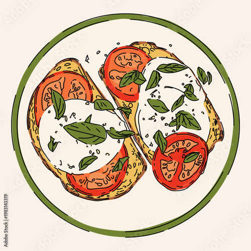 Hand Drawn Italian Toast with Fresh Tomato and Mozzarella