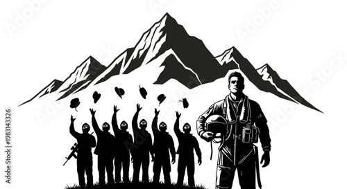 Military Pilot and Soldiers Celebrating Victory with Mountain Background