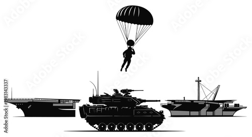 Military Paratrooper Jumps Over Aircraft Carrier and Tank Silhouette