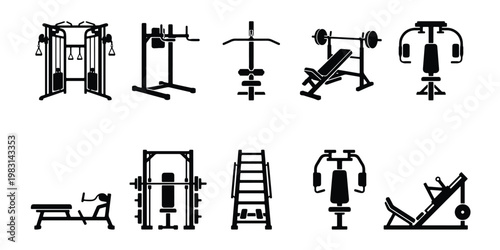 Gym equipment icons set, professional fitness machine vector silhouettes, 10 black workout station elements for strength training and bodybuilding
