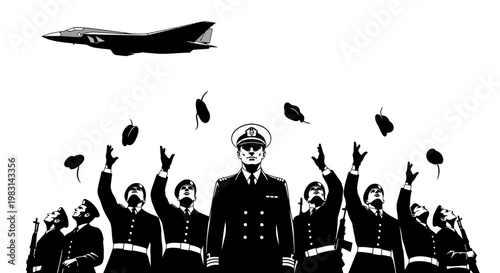 Military pilots celebrate, throwing caps in air as jet flies overhead