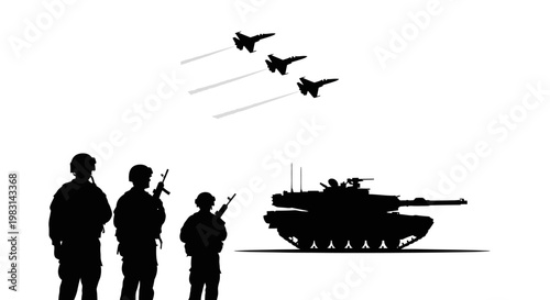 Military Power: Soldiers, Tank, and Fighter Jets in Silhouette Against a White Background
