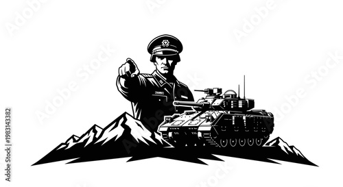 Military Recruitment Poster: Soldier Pointing Finger, Tank, Mountains, Propaganda Style
