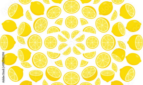 Seamless Lemon Pattern Vector with Whole Fruits, Slices and Citrus Elements in Circular Arrangement for Summer Backgrounds, Textiles, Wrapping and Food Design